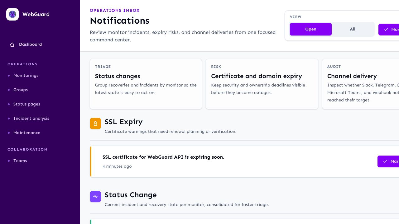 WebGuard notifications inbox with status changes, expiry risks, and channel delivery
